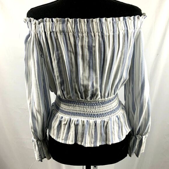 Sage The Label Off Shoulder Blousen Blue Striped 3/4 Sleeve Size XS - Picture 2 of 10